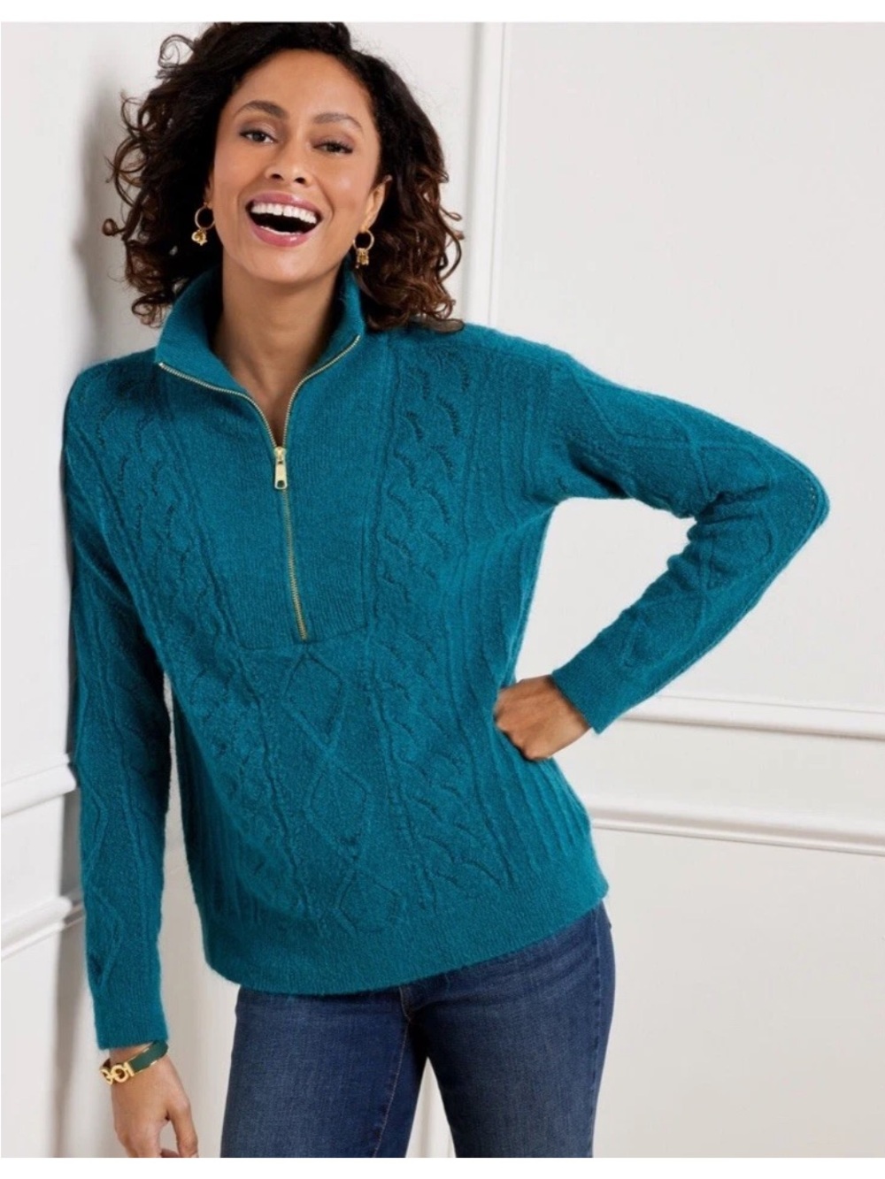 Talbots Teal Cable-Knit Half-Zip Collar Sweater - Women